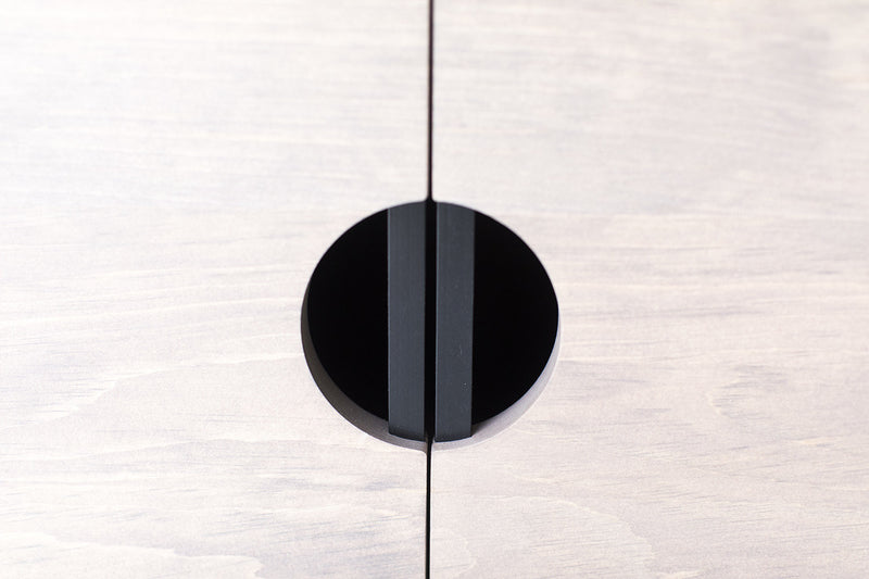 Detail of the white-lacquered center shelf on the modern luxury Cali credenza