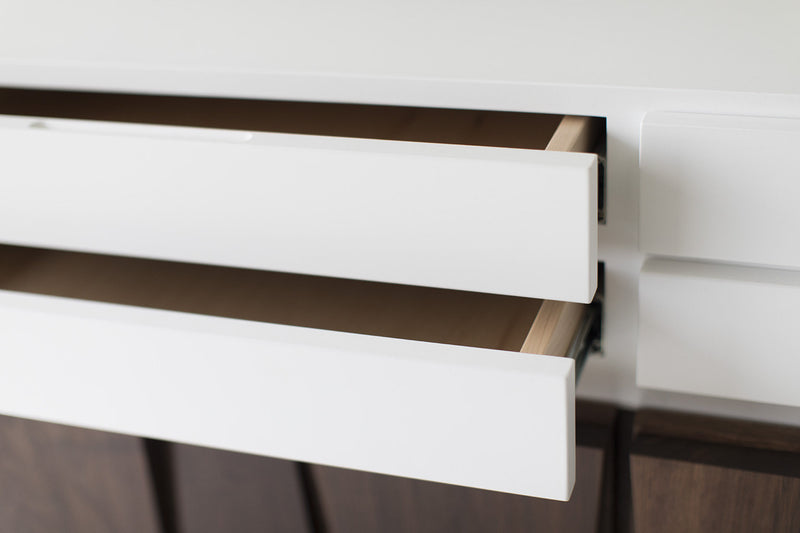 Side profile of the modern walnut dresser