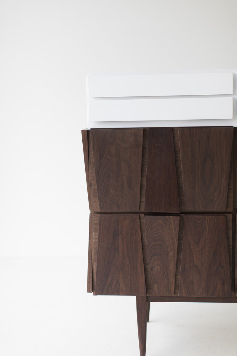 Close-up of the walnut wood grain on this modern dresser