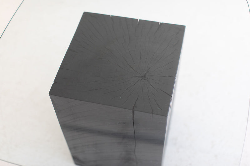 Angled view of the modern glass-top stump coffee table