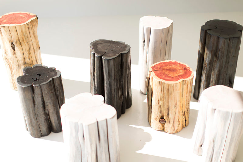 Organic modern black stump side table styled in a living room