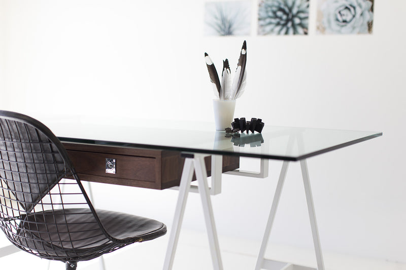 Modern luxury Bertu Home desk showing the glass top and steel legs
