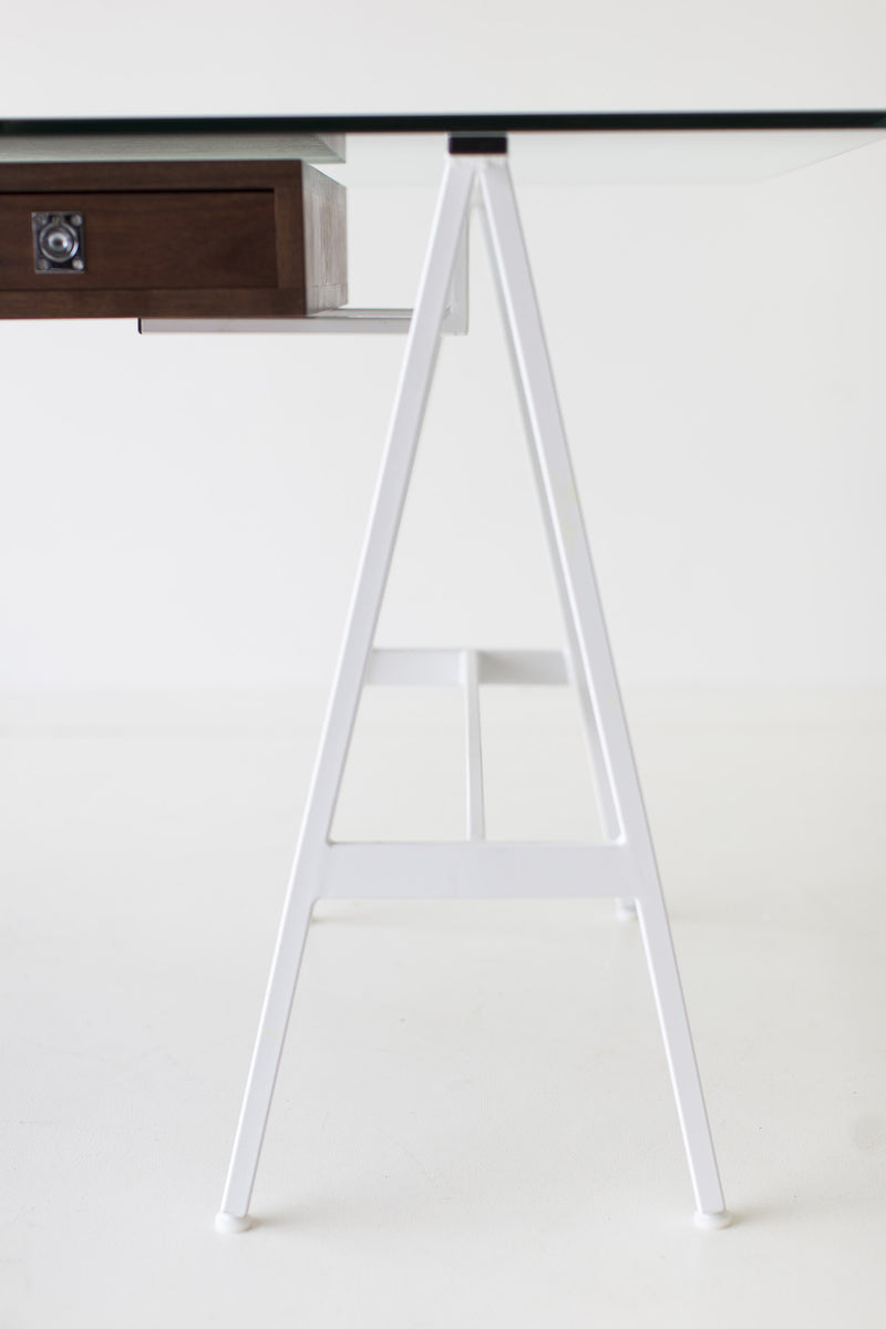 Angled view of the modern luxury Bertu Home glass writing desk